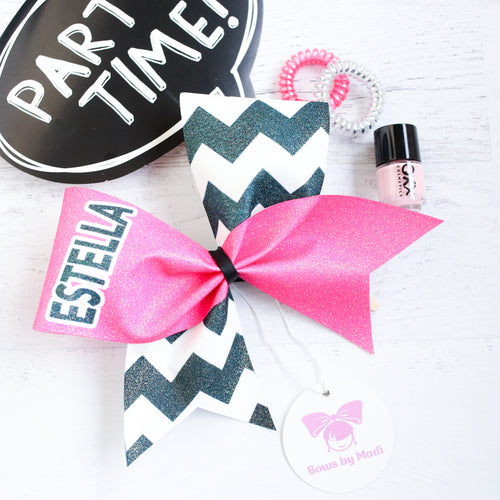 Pink and Black Chevron Customised Name Glitter Cheer Bow