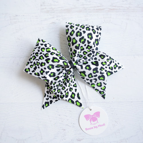 White Cheer Bow with green and black leopard print