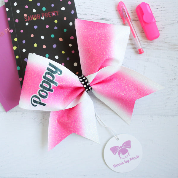 Poppy Customised Pink Glitter Sublimated Ombre Cheer Bow – Bows by Madi